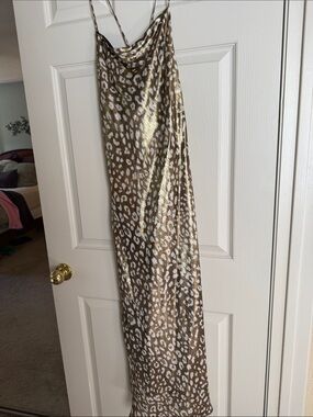 Zara Metallic Khaki Green Leopard Print Midi/Maxi Slip Dress